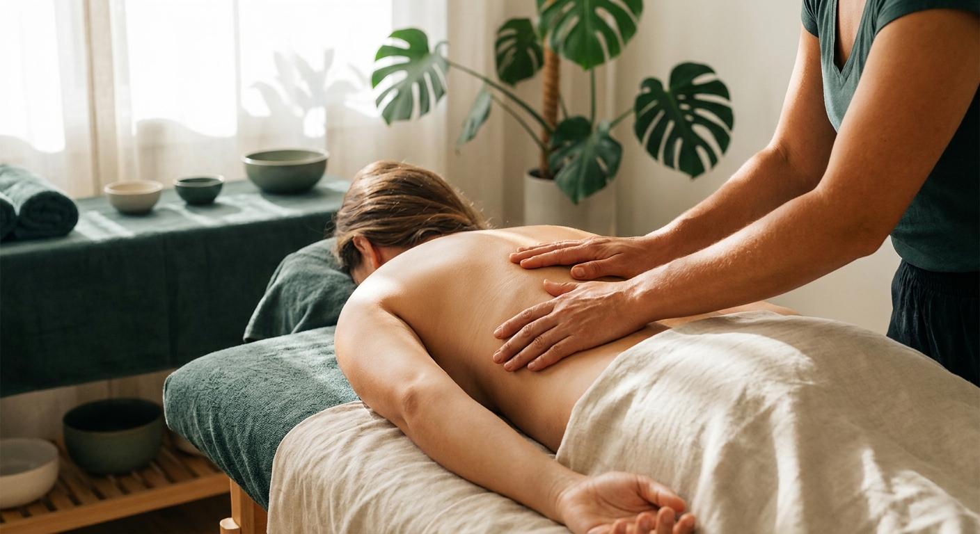 Fließende Lomi Lomi Massage – Berührung mit Händen und Unterarmen in warmer Lichtstimmung